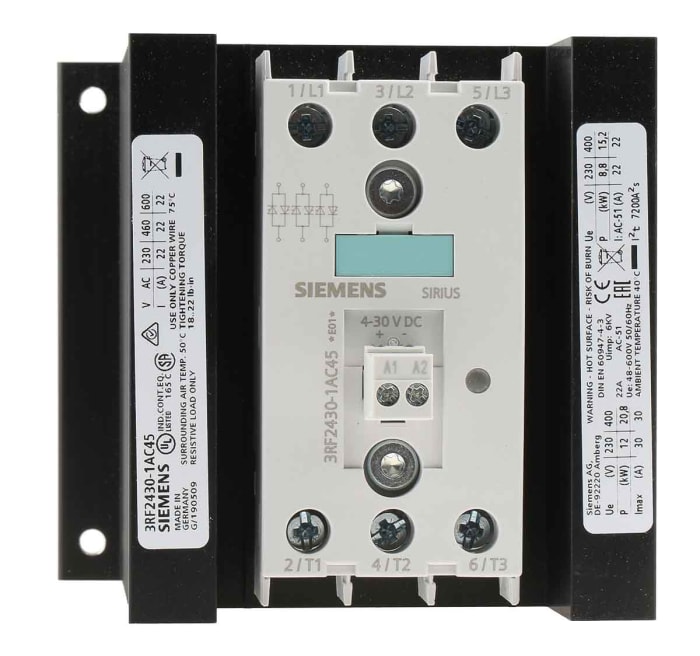 Siemens 3RF2 Series Solid State Relay, 30 A Load, DIN Rail Mount, 600 V Load, 30 V dc Control