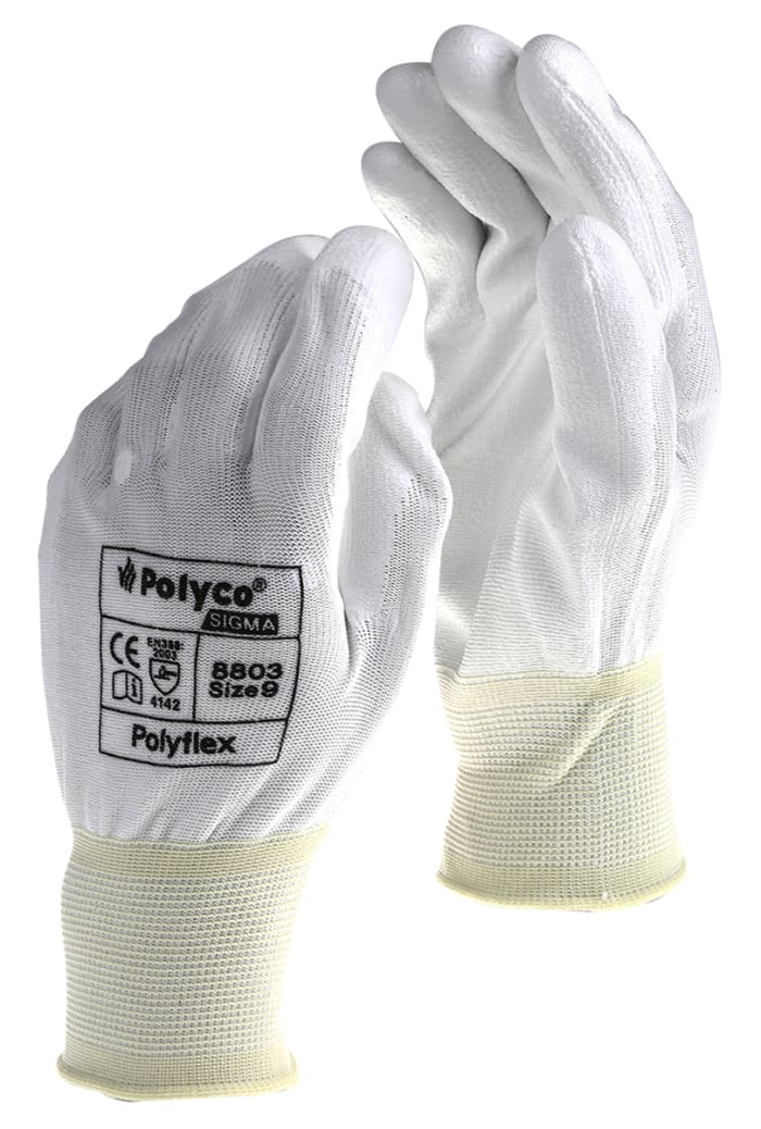 Polyco Healthline Polyflex White Polyurethane General Purpose Work Gloves, Size 8, Polyurethane Coating