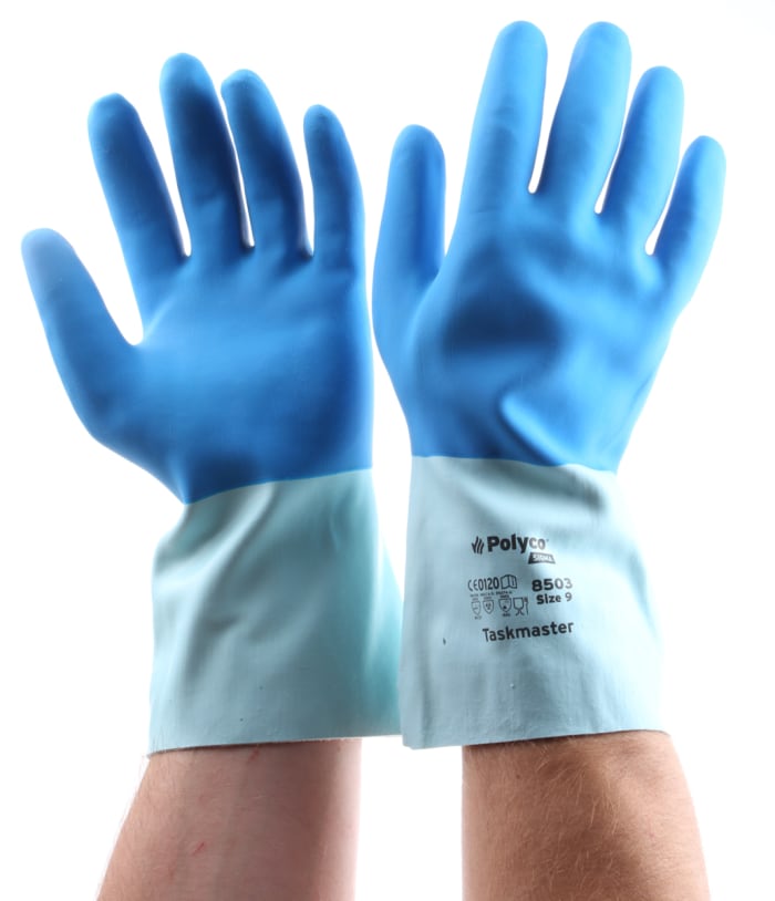 Guantes de trabajo de Algodón Azul Polyco Healthline serie Taskmaster, talla 9, con recubrimiento de Látex, Resistente