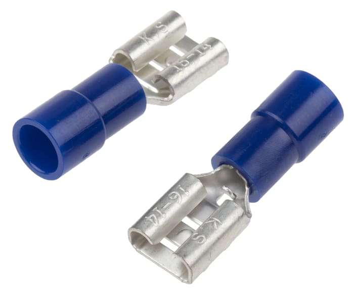 RS PRO Blue Insulated Female Spade Connector, Receptacle, 6.35 x 0.8mm Tab Size, 1.5mm² to 2.5mm²