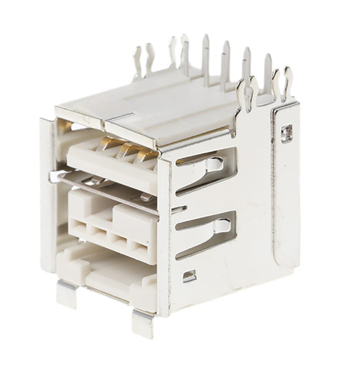 Amphenol FCI Right Angle, Through Hole, Socket to Socket- Dual Port Type A USB Connector