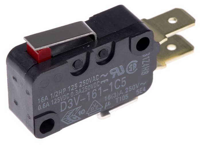 Omron Short Hinge Lever Micro Switch, Tab Terminal, 16 A @ 250 V ac, SPDT, IP40