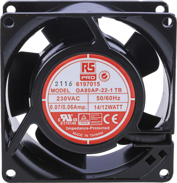 Ventilateur axial RS PRO 230 V c.a., 51m³/h, 80 x 80 x 38mm, 12W
