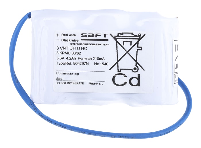 Saft 3.6V NiCd Rechargeable Battery Pack, 4Ah - Pack of 1