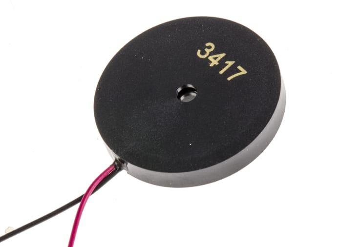 RS PRO 108dB Panel Mount Continuous External Piezo Buzzer, 22.5 (Dia.) x 3.2mm, 1V ac Max