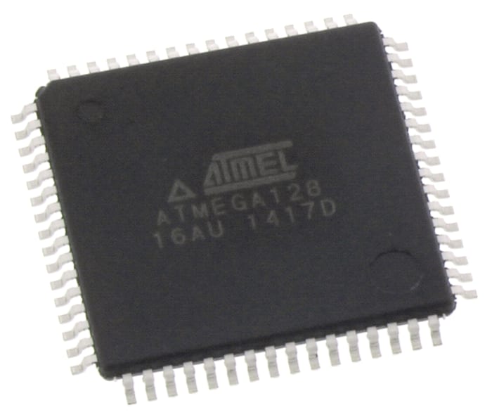Microcontrolador Atmel ATMEGA128-16AU, núcleo AVR de 8bit, RAM 4 kB, 16MHZ, TQFP de 64 pines