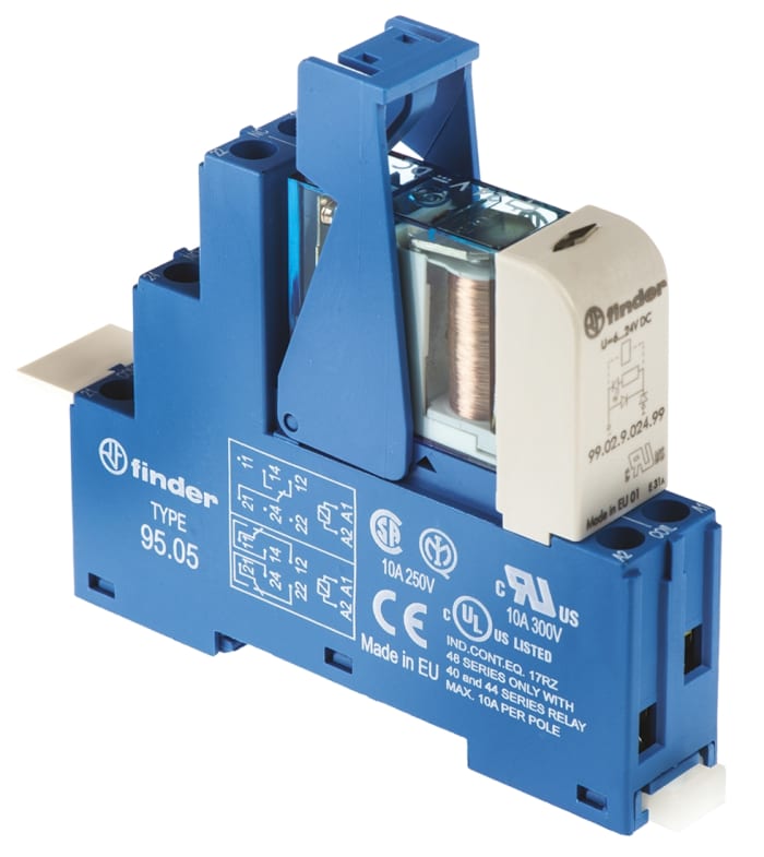 Finder 48 Series Interface Relay, DIN Rail Mount, 24V dc Coil, DPDT, 2-Pole