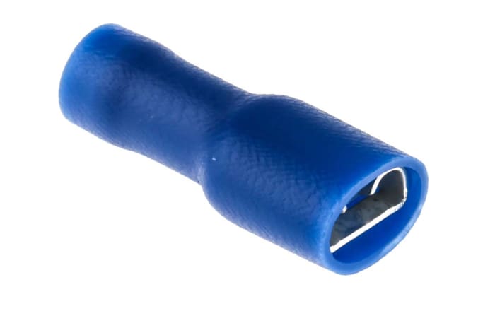 RS PRO Blue Insulated Female Spade Connector, Double Crimp, 6.35 x 0.8mm Tab Size, 1.5mm² to 2.5mm²