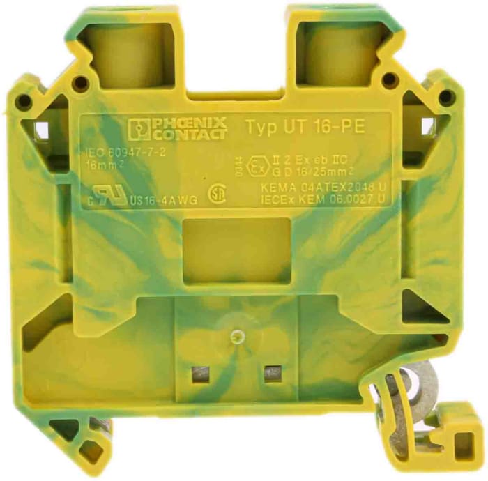 3044212 Phoenix Contact, Phoenix Contact UT 16-PE Series Green/Yellow  Earth Terminal Block, 1.5 → 25mm², Single-Level, Screw Termination,, 624-6987