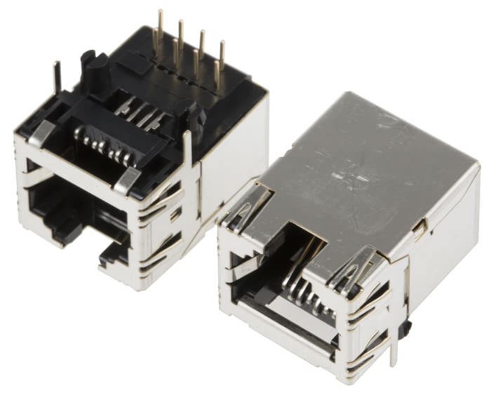Hirose TM21R Series Female RJ45 Connector, Through Hole, Cat5e, STP Shield Right Angle 1 Port 8P8C -Way