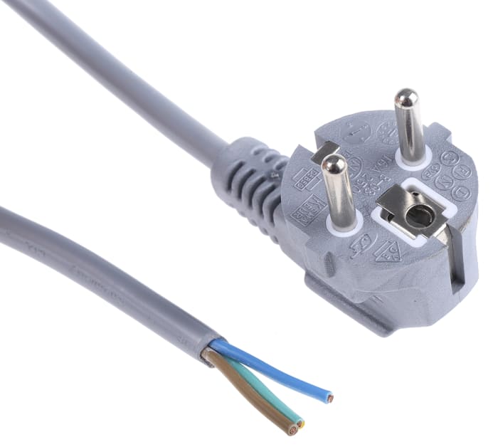 Cable de alimentación RS PRO Gris de 2.5m, con. A CEE 7/7, macho, con. B Sin terminación, 250 V / 16 A