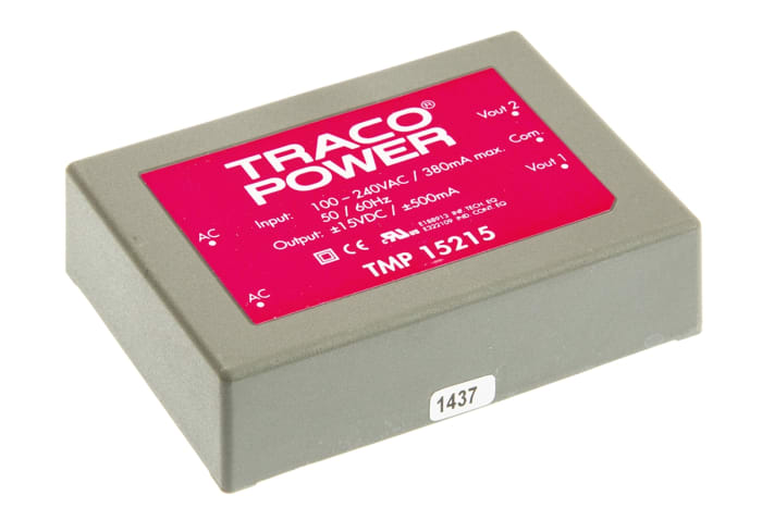 Spínaný napájecí zdroj 15W, počet výstupů: 2, výstup: ±15V dc 500mA Montáž na plošný spoj TMP TRACOPOWER