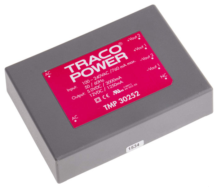 TRACOPOWER Switching Power Supply, TMP 30252, 5 V dc, 12 V dc, 1.25 A, 3 A, 30W, Dual Output, 120 → 370 V dc, 85