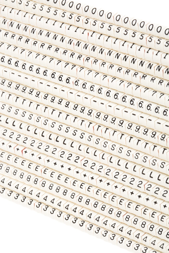 RS PRO Clip On Cable Markers, Black on White, Pre-printed ""-, +, 0 → 9, E, L, N, R, S, T"", 2.7 → 3mm Cable
