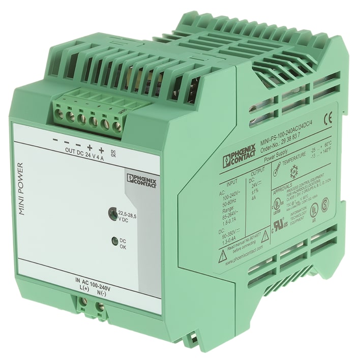 Phoenix Contact MINI-PS-100-240AC/24DC/4 Switch Mode DIN Rail Power Supply, 85 → 264V ac ac Input, 24V dc dc