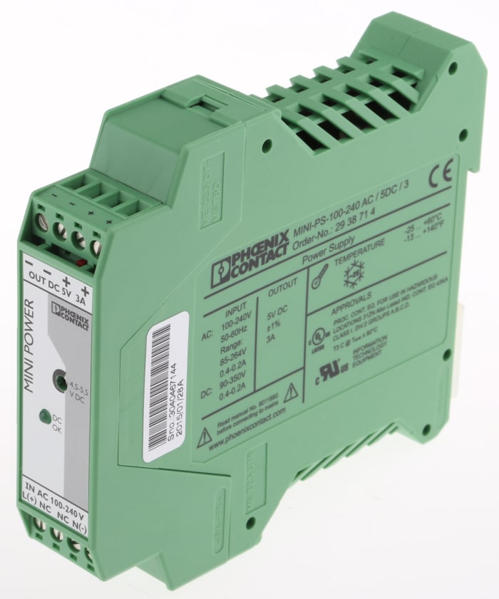 Phoenix Contact MINI POWER Switch Mode DIN Rail Power Supply, 85 → 264V ac ac Input, 5V dc dc Output, 3A Output,