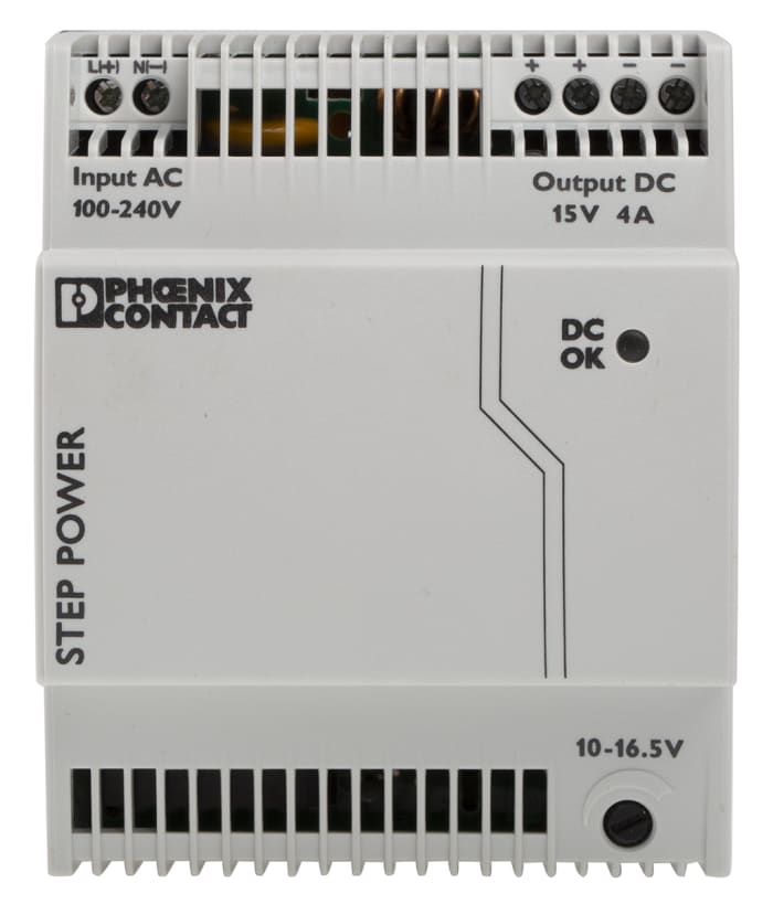 Phoenix Contact STEP POWER Switched Mode DIN Rail Power Supply, 85 → 264V ac ac Input, 15V dc dc Output, 4A
