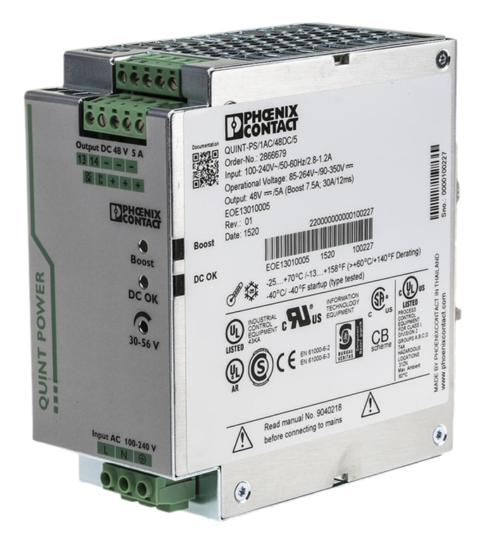 Alimentation pour rail DIN Phoenix Contact, série QUINT-PS/1AC/48DC/ 5, 48V c.c.out 5A, 240W