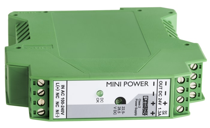 Phoenix Contact MINI-PS-100-240AC/24DC/1.3 Switch Mode DIN Rail Power Supply, 85 → 264V ac ac Input, 24V dc dc