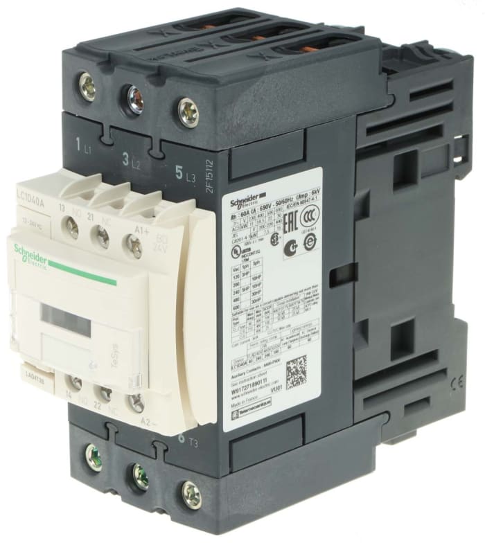 Schneider Electric LC1D Series Contactor, 24 V dc Coil, 3-Pole, 40 A, 18.5 kW, 3NO, 690 V ac