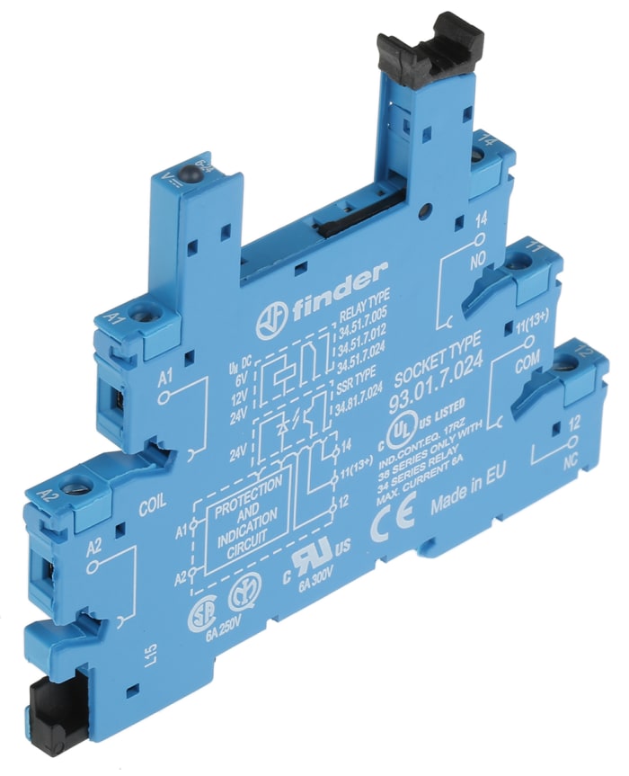 Zócalo de relé Finder 93 para 34.81, 34.51 Series Relay de 5 contactos, 6A máx., para carril DIN