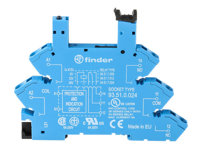 Finder 93 5 Pin 12V ac/dc DIN Rail Relay Socket, for use with 34.51