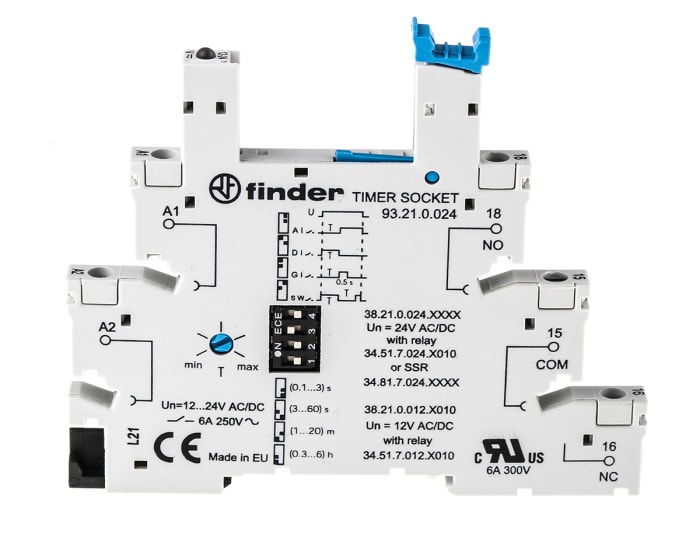 Zócalo de relé Finder 93 para Relé de la serie 34,51 de 5 contactos, 6A máx., para carril DIN