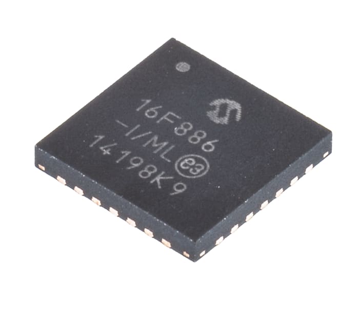 Microchip PIC16F886-I/ML, 8 bit PIC, PIC16F886 Microcontroller, 64 MHz, 14kB FLASH, 28-Pin QFN