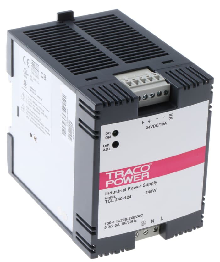 TRACOPOWER TCL Switched Mode DIN Rail Power Supply, 85 → 132V ac ac Input, 24V dc dc Output, 10A Output, 240W