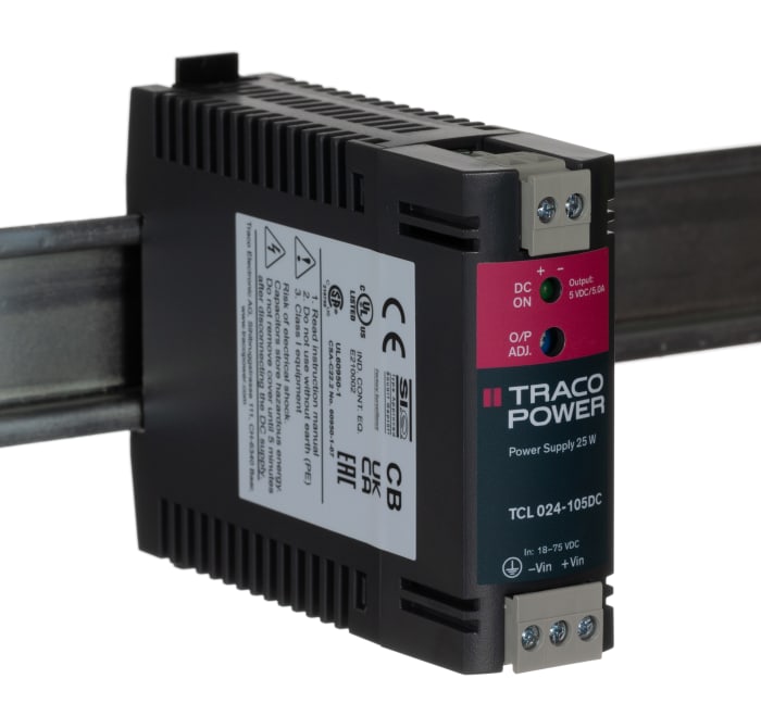 TRACOPOWER TCL-DC DC-DC Converter, 5V dc/ 5A Output, 25W, DIN Rail Mount, +70°C Max Temp -25°C Min Temp