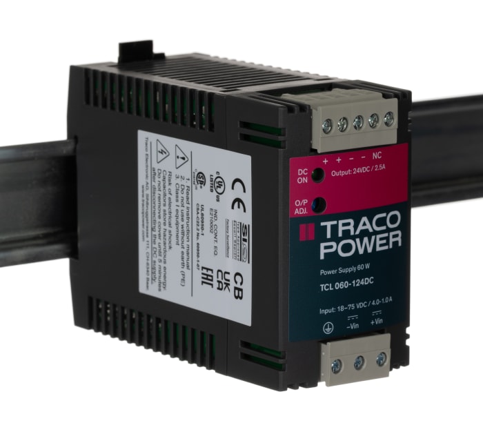 Convertisseur DC-DC TRACOPOWER TCL-DC, Montage rail DIN, 60W, 1 sortie, 24V c.c., 2.5A