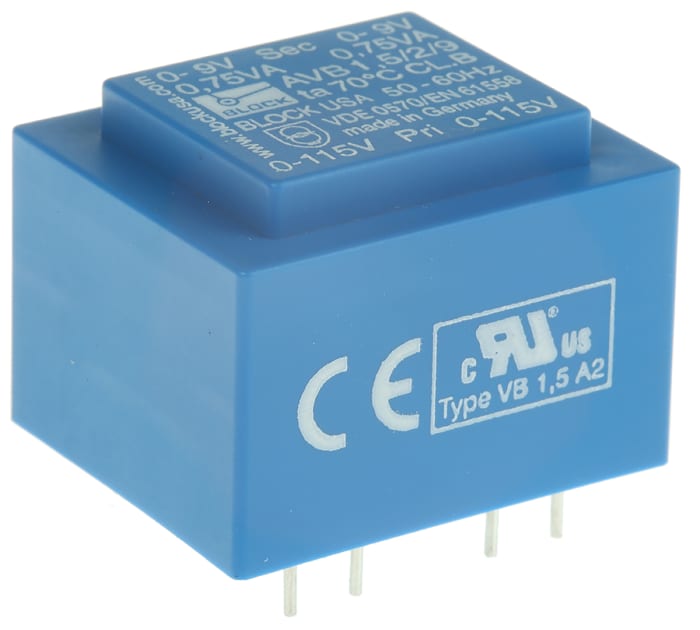 Transformateur pour circuit imprimé Block, 9V c.a., 115 V ac, 230 V ac, 1.5VA, 2 sorties