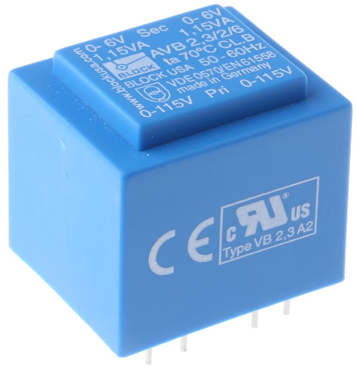Block 6V ac 2 Output Through Hole PCB Transformer, 2.3VA