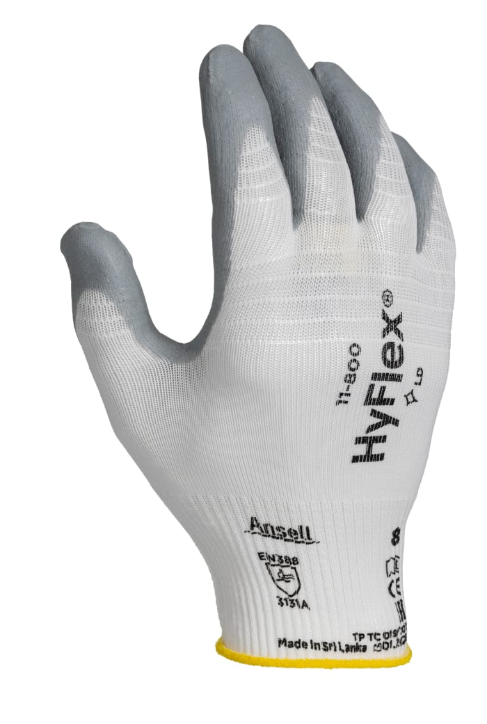 Ansell HyFlex 11-800, HyFlex 11-800 White Nylon Mechanic Work Gloves, Size 8, Nitrile Foam Coating