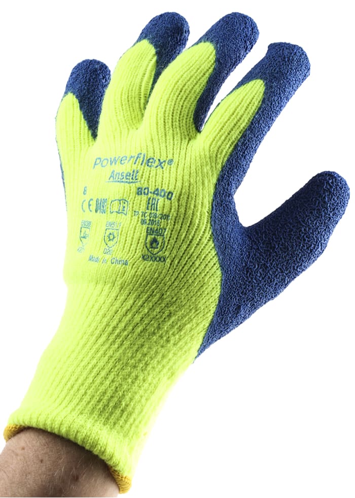 Ansell Powerflex Yellow Acrylic Heat Resistant Work Gloves, Size 8, Latex Coating