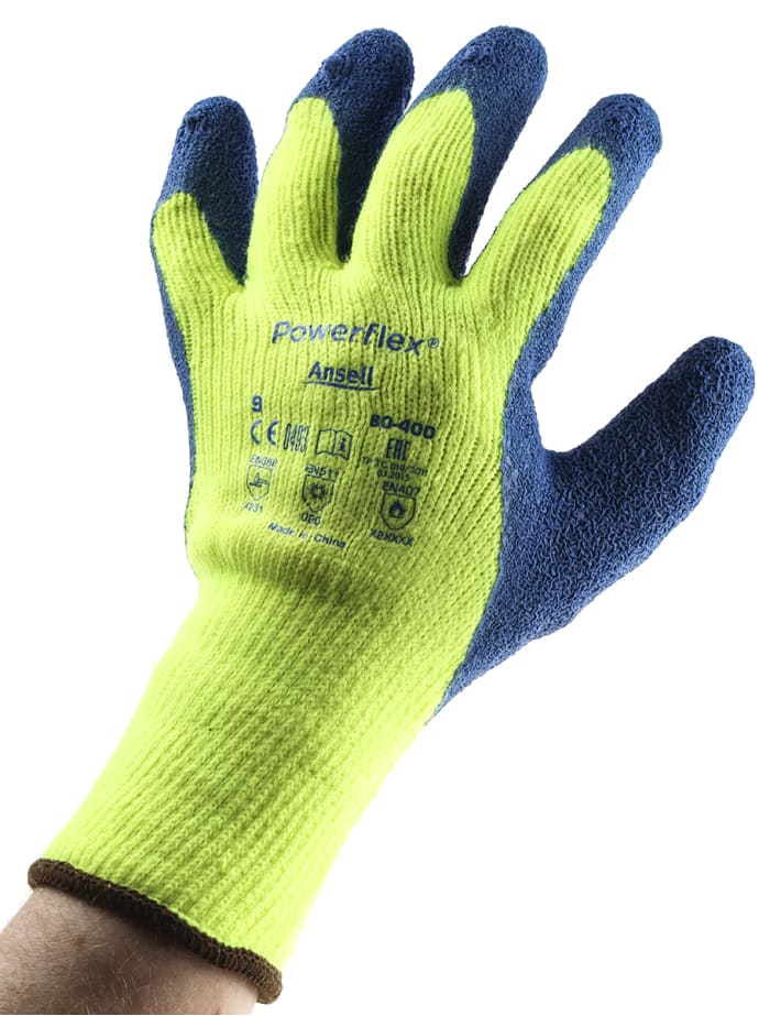 Ansell Powerflex Yellow Acrylic Heat Resistant Work Gloves, Size 9, Latex Coating