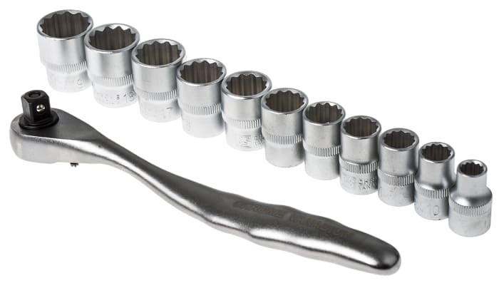 RS PRO 12-Piece Metric 3/8 in Standard Socket Set with Ratchet, 12 point