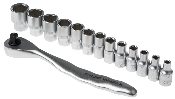 RS PRO 14-Piece Metric 1/4 in Standard Socket Set with Ratchet, 6 point