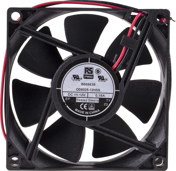 RS PRO Axial Fan, 12 V dc, DC Operation, 68m³/h, 2.9W, 250mA Max, 80 x 80 x 25mm