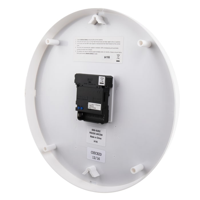 RS PRO RS PRO White Radio Controlled Analog Wall Clock, 300mm Diameter 6699252 RS Components