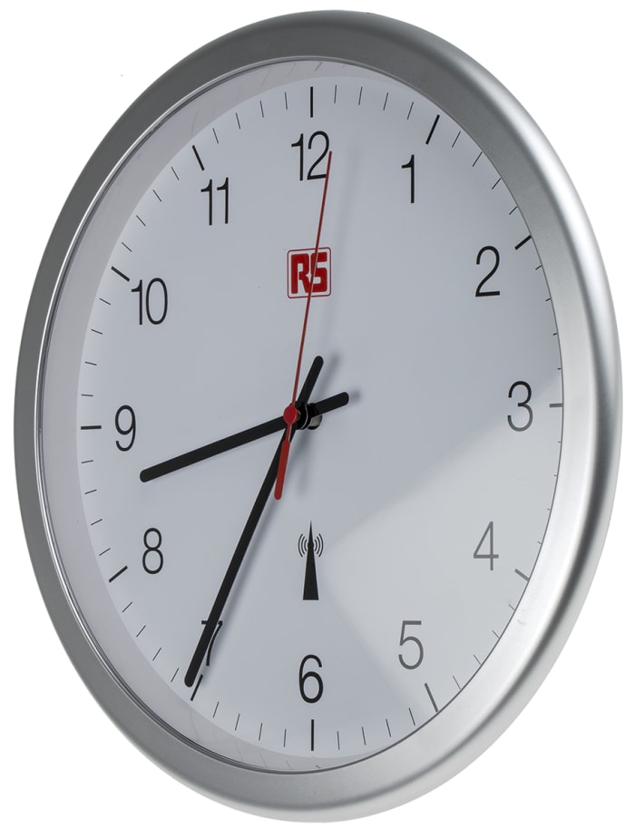 RS PRO Silver Radio Controlled Analogue Wall Clock, 300mm Diameter