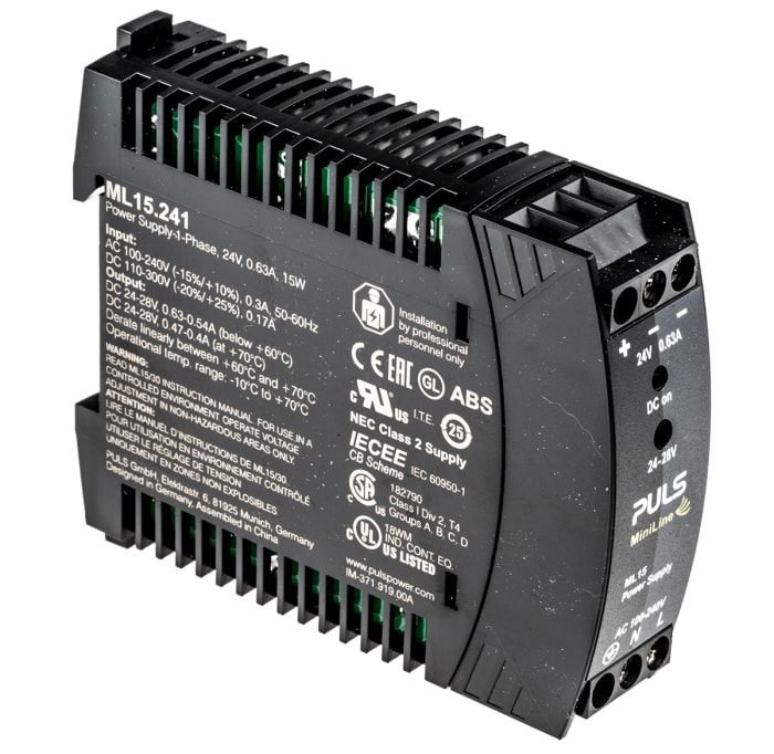 PULS MiniLine MLY Switched Mode DIN Rail Power Supply, 100 → 240V ac ac Input, 24V dc dc Output, 630mA Output,