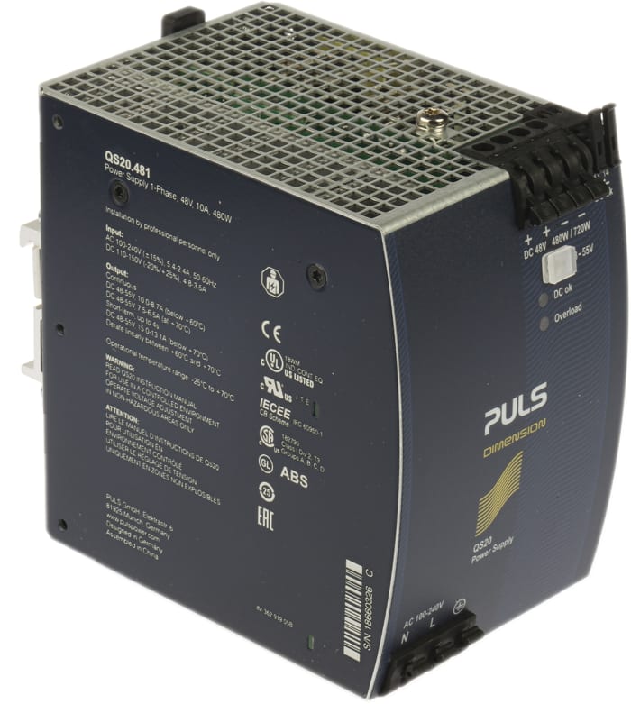 PULS DIMENSION Q Switched Mode DIN Rail Power Supply, 100 → 240V ac ac Input, 48V dc dc Output, 10A Output, 480W