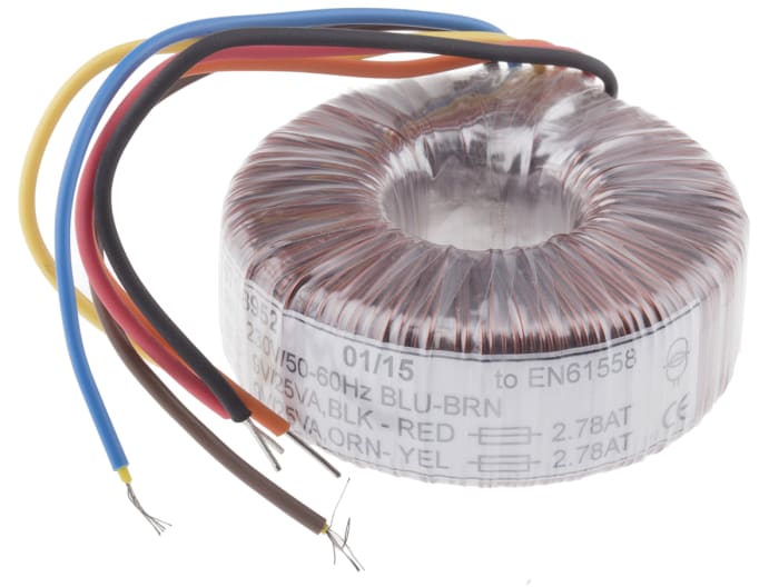 Transformateur torique RS PRO 2 sorties, 230V c.a. → 2 x 9V c.a., 50VA