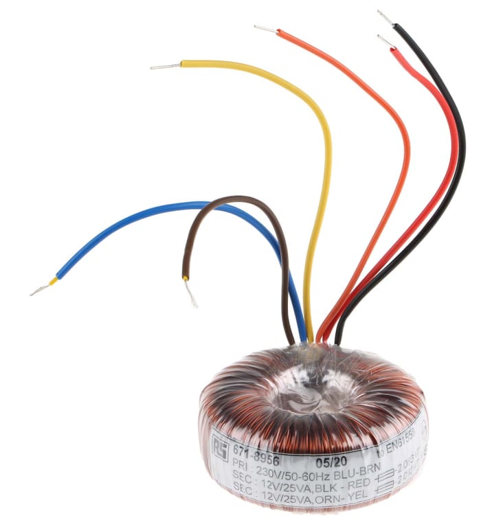 Transformateur torique RS PRO 2 sorties, 230V c.a. → 2 x 12V c.a., 50VA