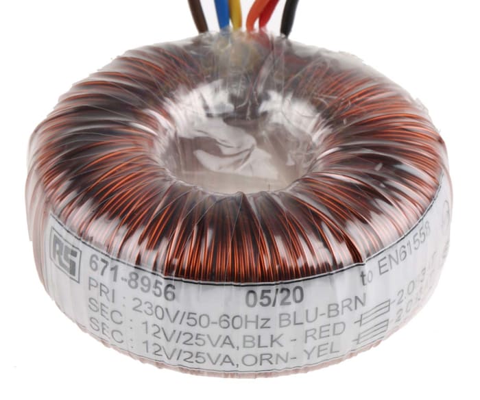 RS PRO 230V ac, 2 x 12V ac Toroidal Transformer, 50VA 2 Output