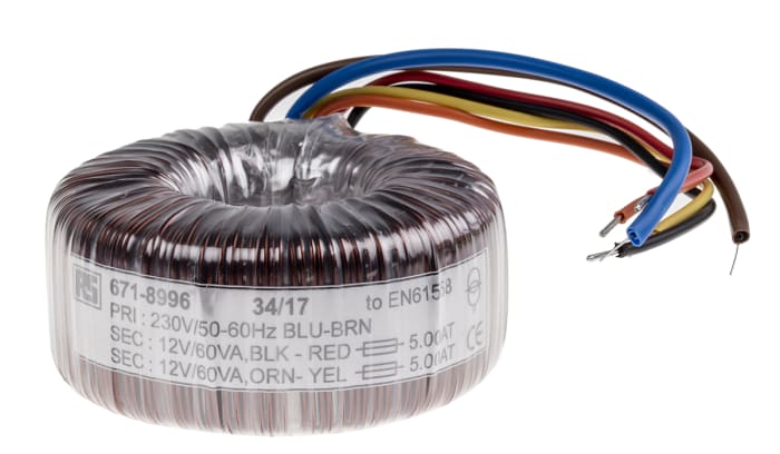 Toroidní transformátor, počet výstupů: 2, sekundární napětí: 2 x 12V ac, Měděný vodič, 96 (Dia.) x 48mm