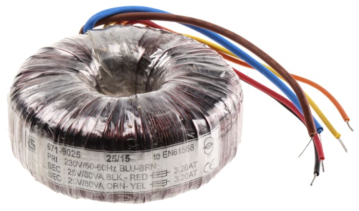 RS PRO 230V ac, 2 x 25V ac Toroidal Transformer, 160VA 2 Output