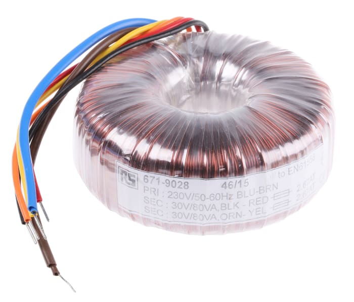 Transformateur torique RS PRO 2 sorties, 230V c.a. → 2 x 30V c.a., 160VA