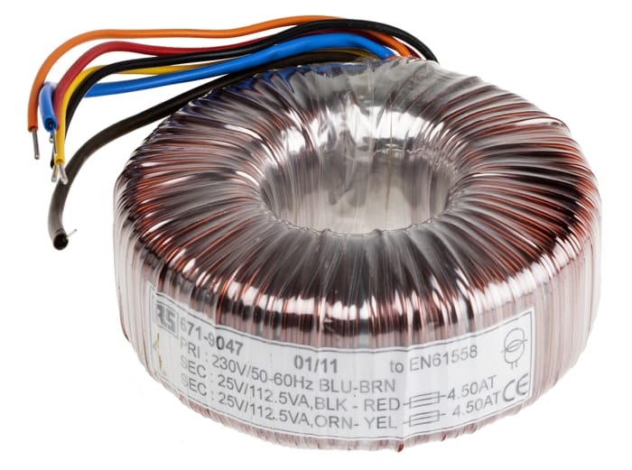Toroidní transformátor, počet výstupů: 2, sekundární napětí: 2 x 25V ac, Měděný vodič, 120 (Dia.) x 50mm